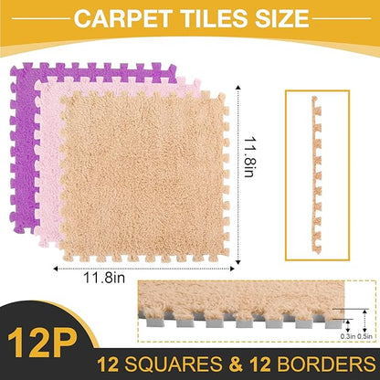 12 Pcs Plush Interlocking Carpet Tiles, Non-Toxic Foam Carpet Tiles for Toddler Baby, Machine-Washable, Anti-Slip, EVA Foam Interlocking Tiles for Floor, Nursery, Playroom, Purple, Light Brown, Pink