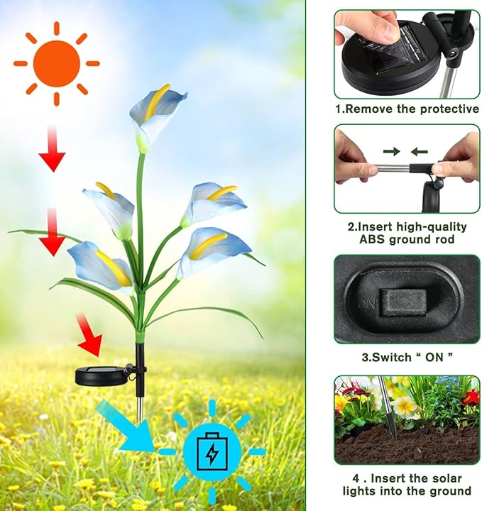 Veesee 2 Packs Upgrade Solar Calla Lily Lights Outdoor Garden Stake Light, Color Changing Solar Powered LED Lily Lights for Christmas Gift Wedding Party Outdoor(Blue)
