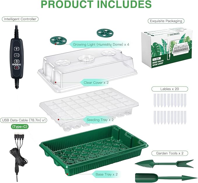 YAUNGEL Seed Starter Tray with Grow Light, Seed Starter Kit with Timing Controller Adjustable Brightness,80 Cells Seed Starter Tray for Indoor Planting with Humidity Domes Heightened Lids 2 Pack
