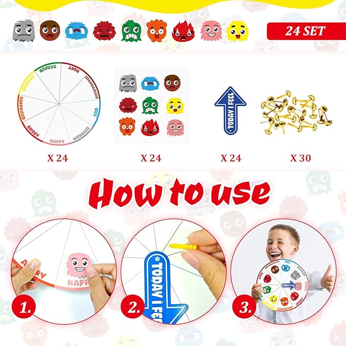 Cinrobiye 24 Set Social Emotional Learning Activities Skills Explore Emotions Wheel with Faces Emotion Matching Cards Feelings Wheel for Preschool Counseling Office Must Haves Therapy Game (Wheel)
