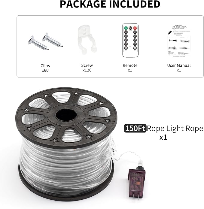 LED Rope Lights for Outside 150Ft Waterproof Rope Lighting 643 LEDs 110V 8 Modes Remote Control Timer Christmas Rope Lights for Indoor Outdoor Party Holiday Garden Decoration (White)