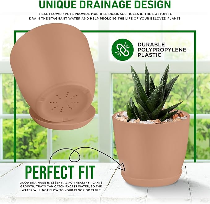 Planter Pots with Drainage Holes - Lightweight, Durable, and Space-Saving Pots for Indoor and Outdoor - Versatile Functionality, Simple Modern Design, Set of 10 Plastic Planter Pots - Pink