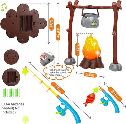 Kids Camping Toys, Mitcien Camping Set Include Pretend Campfire Play Food Fruits & Vegetables Hamburger Magnetic Fishing Toy Toddler Outdoor Adventure Educational Toys for Kids Age 3 4 5 6 + Years Old