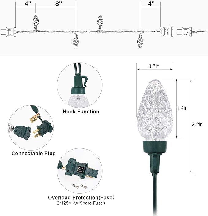 DEWENWILS C7 Warm White Christmas Lights, 33.3ft 50 LED String Lights Waterproof, Indoor/Outdoor Decorations for Xmas Tree, Patio, Garden, Yard, Porch, Green Wire, UL Listed
