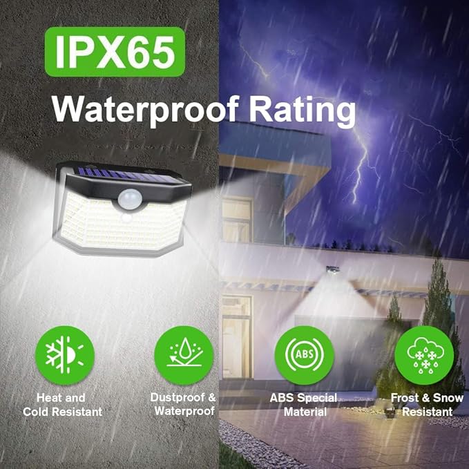 HMCITY 120 LED Outdoor Solar Lights with Motion Sensor and 3 Lighting Modes, IP65 Waterproof Wide Solar Wall Lights Ideal for Garden Patio Yard (Front Button 8Packs, Daylight White)
