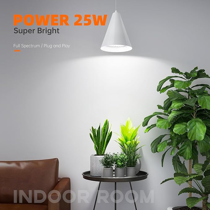 Hanging Grow Light, Full Spectrum Grow Lights for Indoor Plants, 25W Plant Light Bulbs with 16.4FT Power Cord, 5000K Plant Light with Timer