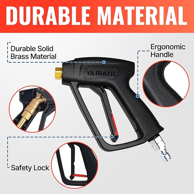 YAMATIC Short Pressure Washer Gun with Stainless Steel Swivel 3/8" Quick Connector, Power Washer Handle with Easy Pull Trigger Replacement for Ryobi, Simpson, Craftsman, DeWalt, 4000 PSI