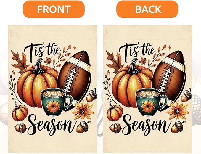 Tis the Season Fall Garden Flag Autumn Football Pumpkin Garden Flag 12x18 inch Double Sided Fall Thanksgiving Flags for Yard Home Porch Lawn (Flay 1804)
