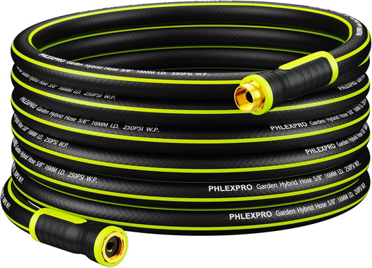 Garden Hose 25FT - PHLEX PRO Heavy-Duty Premium 5/8'' Rubber 3-Layer Water Hose - Innovation Flexible Hybrid Lightweight Water Hose, Full Brass Male to Female Fittings