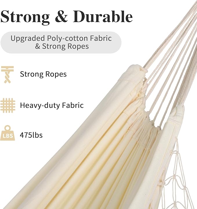 SUNCREAT Portable Camping Hammock for Outside, Heavy Duty 2 Person Hammock Bed for Tree, Beige with Tassels