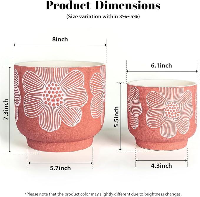 YBX 8 Inch + 6 Inch White Flower Pattern Plant Pots, Sand Glazed Ceramic Planter with Drainage Hole, Flower Pots for Indoor Plants, Red