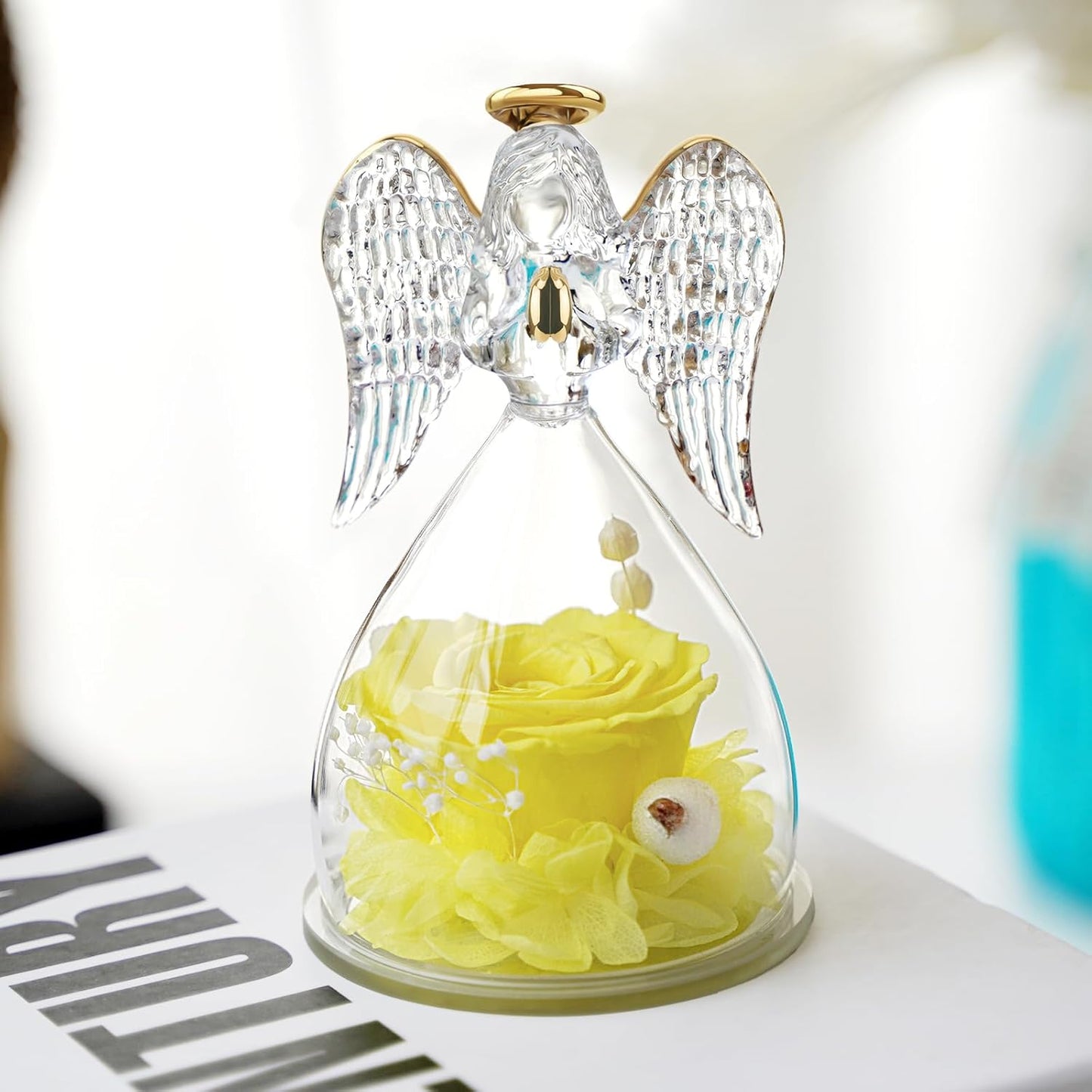 Yamonic Mom Birthday Gifts for Mom,Angel Figurines with Real Rose Gifts for Her Mom Grandma,Preserved Flowers Rose Angel Figurines for Mothers Day Christmas Anniversary Birthday Gifts for Wife(Yellow)