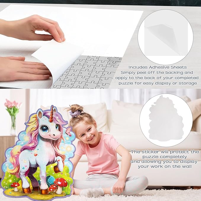 Glittering Unicorn Puzzle, Large Floor Unicorn Jigsaw Puzzles for Kids with Puzzle Sticker Sheets, for Girls Ages 3-6