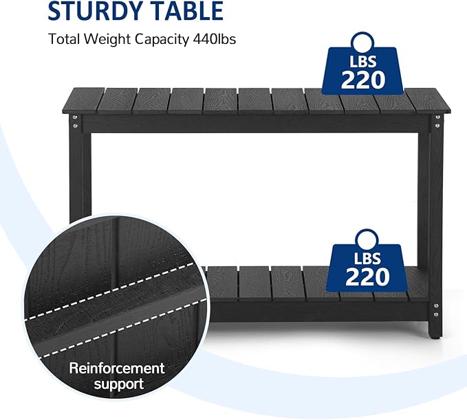 Outdoor Console Table, 48" Weather Resistant HIPS Patio Side Table, 440LBS Weight Capacity, 2-Tier Multifunctional Buffet Bar Storage Organizer for Garden Deck, Black