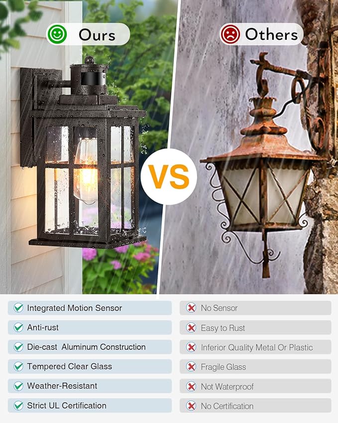 Outdoor Motion Sensor Light, 2 Pack Outside Sconce, Bronze Motion Sensor for Outside, Anti-Rust, Outdoor Light Fixture with Tempered Clear Glass for House, Garage,Entryway, Waterproof