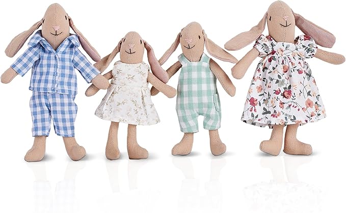 Giant bean Bunny Toys for Kids, Easter Bunny, 4 PCS Hand Made Rabbit Family Dolls with Removable Clothes, Suitable for Infants, Boys and Girls, Dollhouse People, Easter Basket Essentials