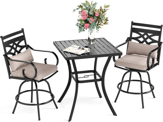 Sophia & William Patio Bar Set 3 Pieces Outdoor Bistro Bar Set with 2 Swivel Bar Stools and 1 Square Bar Height Table, All-Weather Metal Furniture with 1.57" Umbrella Hole and Beige Cushion
