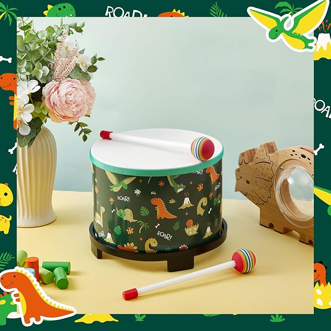 Boao Floor Tom Drum for Kids 8'' W x 6.5'' H Wooden Percussion Instrument Music Drum with 2 Rainbow Mallets Dinosaur Educational Toys for Baby Children Toddler Boy Girl Birthday Gift