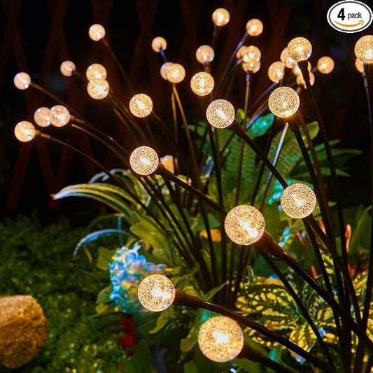 Solar Garden Lights - 4 Pack 12 LED Crystal Solar Firefly Lights with 2 Lighting Mode, Sway by Wind, Waterproof Solar Decorative Lights, Solar Outdoor Lights for Yard Walkway Decoration, Warm White
