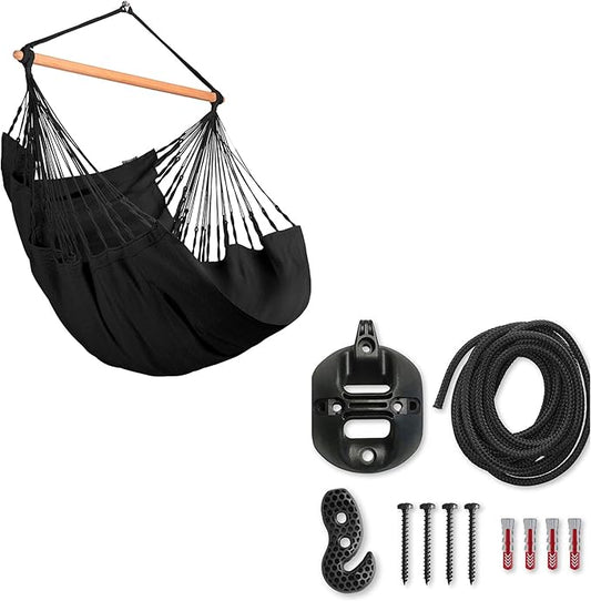 LA SIESTA® - Large Comfort Habana Cotton Hammock Chair & CasaMount - Hanging Chair w/Suspension Kit for Walls Ceilings & Square Beams - Indoor Outdoor Swing Hanging Chair Bedroom Balcony - Onyx
