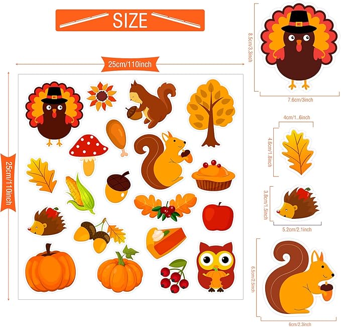 40 PCS Fall Thick Gel Cling Autumn Window Gel Clings Decals Stickers for Kids, Toddlers and Adults Home Airplane Classroom Nursery Thanksgiving Party Supplies Decorations Removable and Reusable