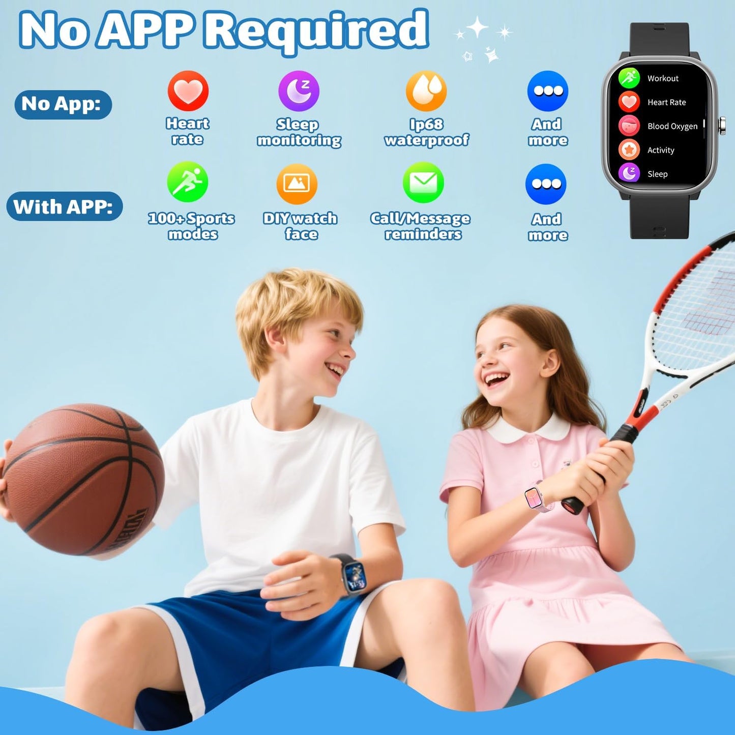 Smart Watch for Kids Girls Boys No APP/Phone Needed, 1.8" IP68 Waterproof Sport Kids Watch Pedometer, Heart Rate, Sleep Monitor, Step Counter, 12 Puzzle Games for Girls Boys Teens 6-16