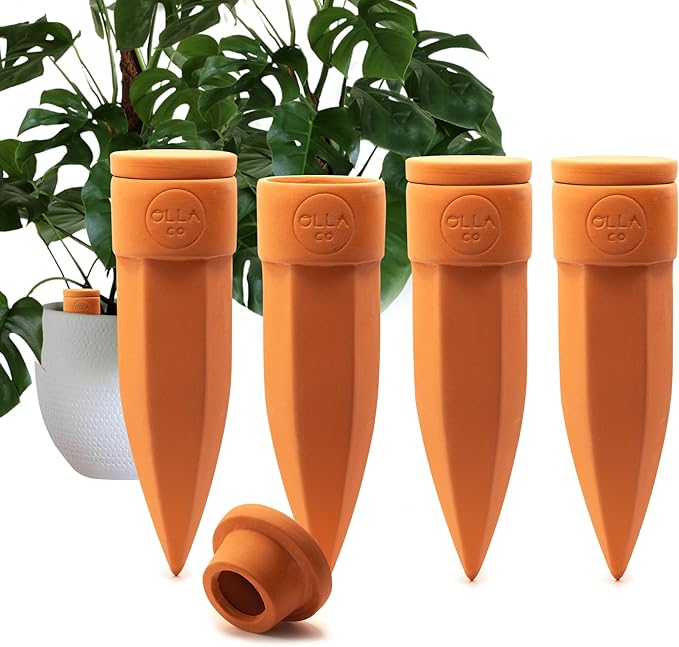 Terracotta Plant Watering Spikes - Large- Set of 4 with Lids Ideal for 8"-12" Pots Perfect Vacation Plant Watering System & Everyday Use for Busy Plant Lovers to Water Plants