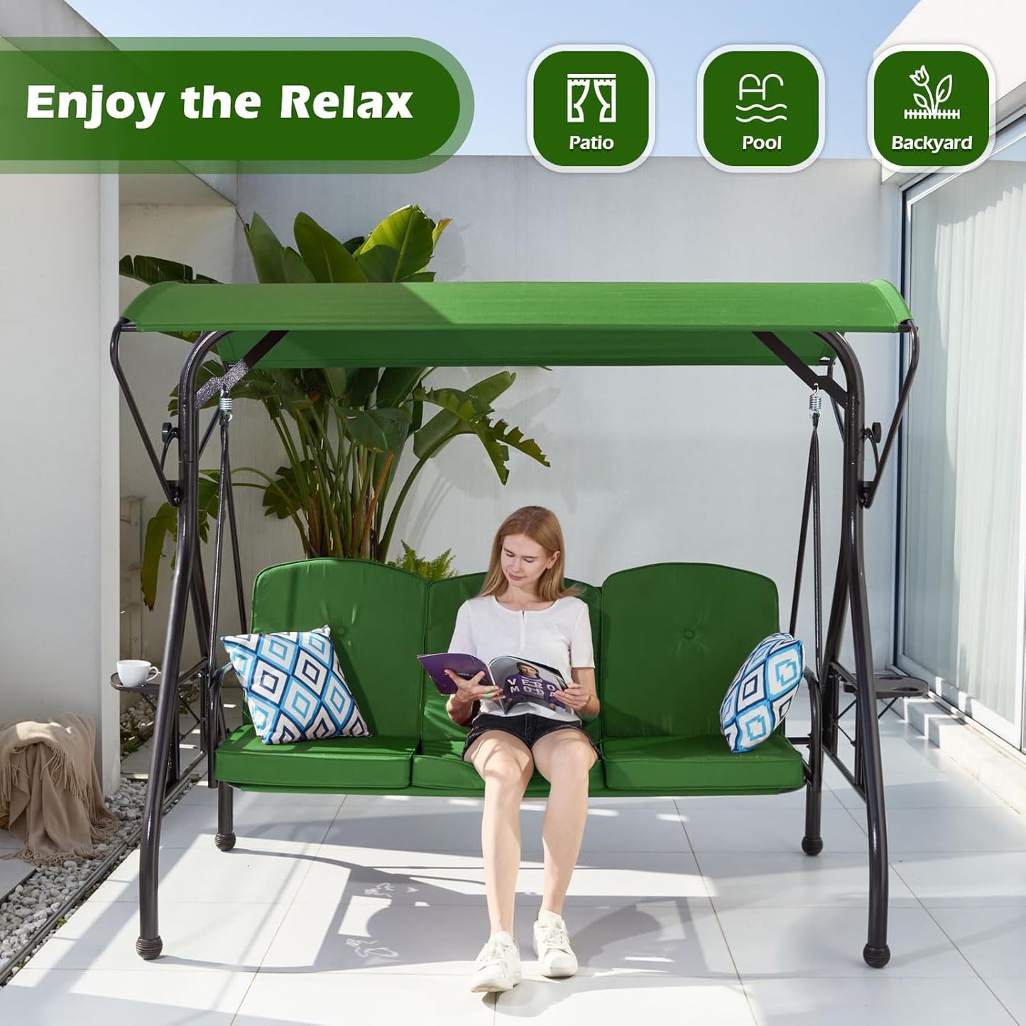 800LBS Patio Swing with Canopy 3 Seat Outdoor Porch Swing with Stand w/Cup Holder & Pillow Glider Chair Swing Bed for Patio Backyard Poolside (Green)