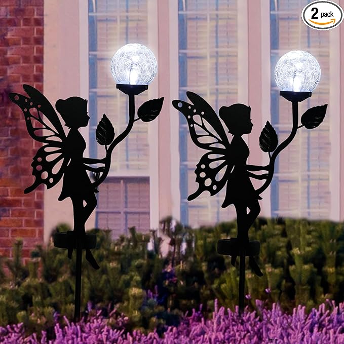 2 Pack Solar Fairy Garden Decor, Metal Fairy Statues with Crackle Glass Globe Solar Garden Lights Outdoor Silhouette Waterproof for Lawn Patio Yard Pathway Gardening Gifts