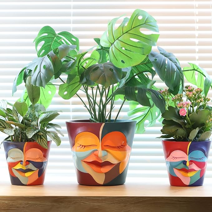 GUGUGO 8 Inch Abstract Rainbow Head Planter, Unique Face Plant Pot with Drainage, Cute Eclectic Flower Planters Pots for Indoor Outdoor Plants, Colorful Funny Room Decor Aesthetic, Coral Red & Indigo