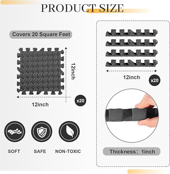 20 Tiles 12x12x1 Inch EVA Thick Interlocking Foam Floor Tiles Puzzle Exercise Mat Foam Mats for Pets Boys Girls Classroom Nursery Gym(Black)