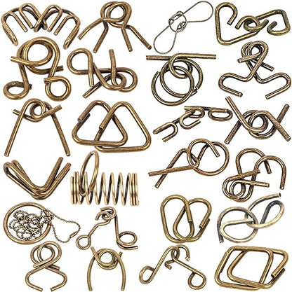 Ahyuan Metal Wire Puzzle Set of 32 with Pouch Large Thick IQ Test Mind Game Toys IQ Toys Brain Teaser Metals Wire Puzzles Magic Trick Toy Metal IQ Puzzle for Party Favor Kids Adults (Bronze)