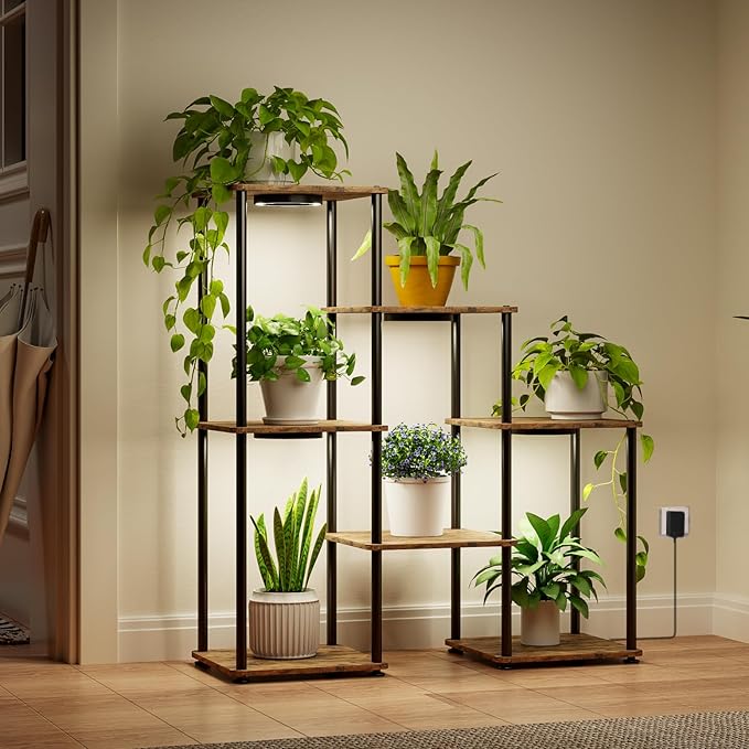 Plant Stand Indoor with Grow Light, 33" High Indoor Plant Shelf, 7 Tier Flower Stand with Plant Light Full Spectrum, Metal Plant Holder with Light, laddered Plant Rack for Home, Corner