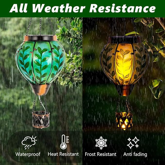 Green Leaf Hot Air Balloon Solar Lantern with Flickering Flame Light,Glass Hanging Solar Lanterns Outdoor Waterproof Hot Air Balloon Decor for Patio Party Yard Tree,Garden Gifts for Women Mom