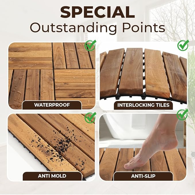 Pack of 10 Deck Tiles - 12"x12" Interlocking Natural Solid Acacia Wood for Outdoor & Indoor, Patio Garden, Balcony, Poolside - Natural6 Color