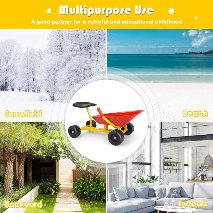 Costzon Kids Ride-on Sand Dumper, Children Outdoor Sandbox Toy w/Ergonomic Handle & 4 Wheels, Heavy Duty Steel Digging Metal Garden Play Tool for Boys Girls, Kids Wheelbarrow (Red)