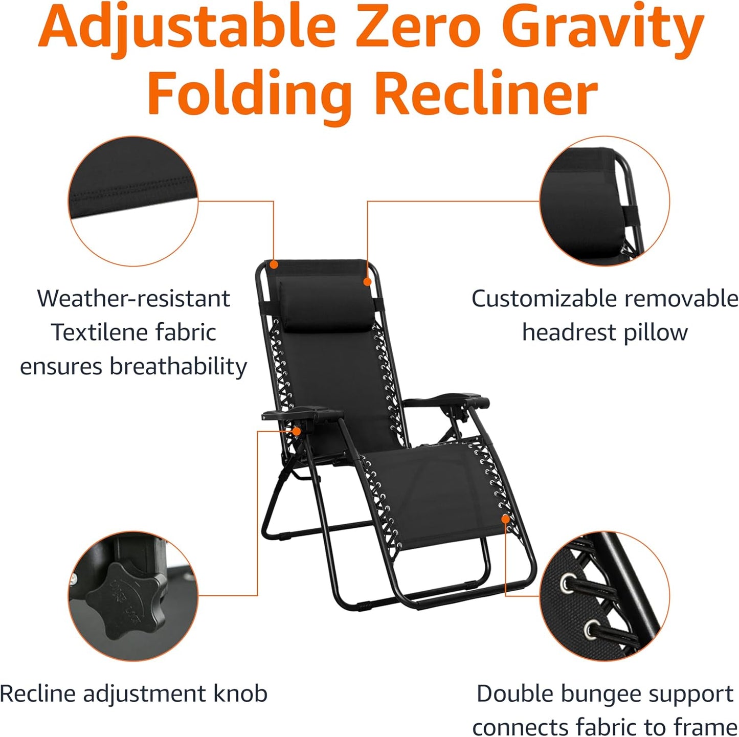 Amazon Basics Outdoor Patio Zero Gravity Lounge Chair with Pillow, Folding Reclining and Textilene Adjustable, Folding Lounge Lawn Chairs for Outside, 26", Black