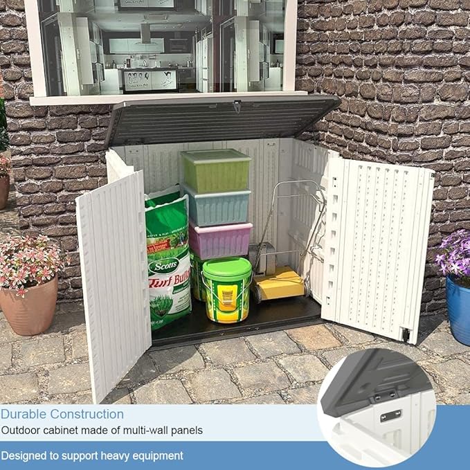 KINYING Outdoor Storage Shed-Horizontal Storage Cabinet Waterproof for Garden, Patios, Backyards, 35 Cu.ft Resin Tool Shed for Garbage Cans, Small Tools, Lawn Mower,Off-White Color