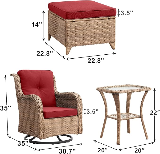 Outdoor Wicker Patio Furniture Set - 5 Pieces Rattan Patio Conversation Set with 2 Rocking Swivel Chairs,2 Ottomans and 1 Side Table for Porch Deck Backyard Garden(Yellow/Red)