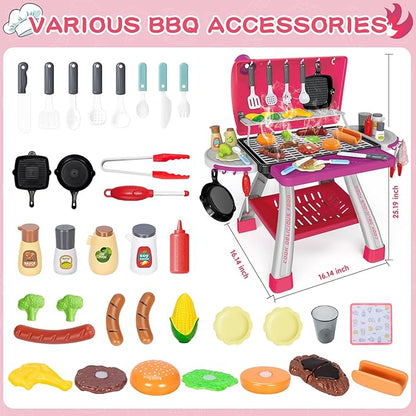 Kids Play Kitchen Toys, Kids BBQ Grill Kitchen Playset with Smoke, Sound & Light, Pink Play Food Toys Cooking Set, 2-Layer Barbecue Outdoor Play Grill Toy Gift for Toddler Girls 3-5, Pink