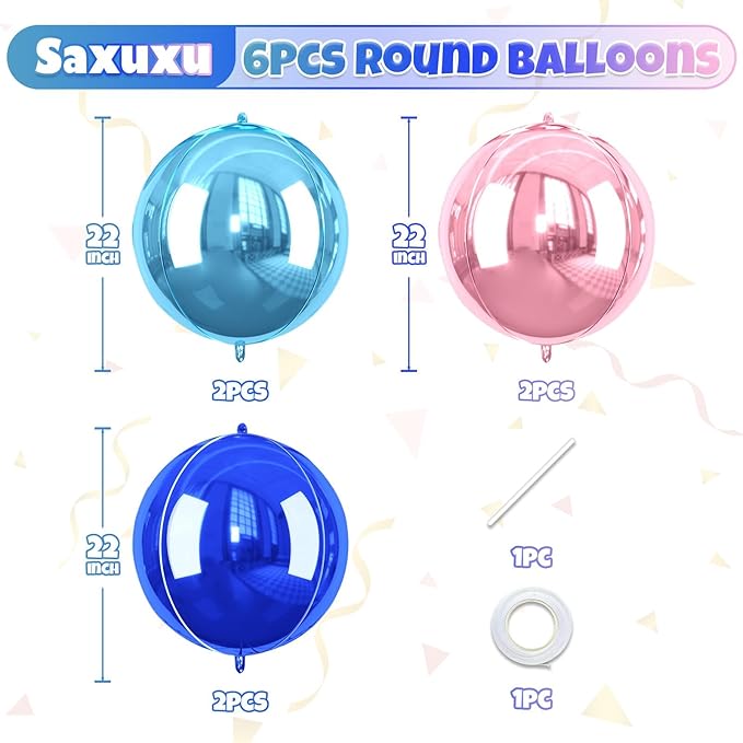 Giant Foil Balloons, 6Pcs Large Metallic Light Blue Royal Pink Round Balloons, 22 Inch Big Round Foil Balloon for Blue and Pink Birthday Party Baby Shower Gender Reveal Decorations