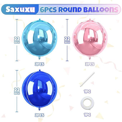 Giant Foil Balloons, 6Pcs Large Metallic Light Blue Royal Pink Round Balloons, 22 Inch Big Round Foil Balloon for Blue and Pink Birthday Party Baby Shower Gender Reveal Decorations