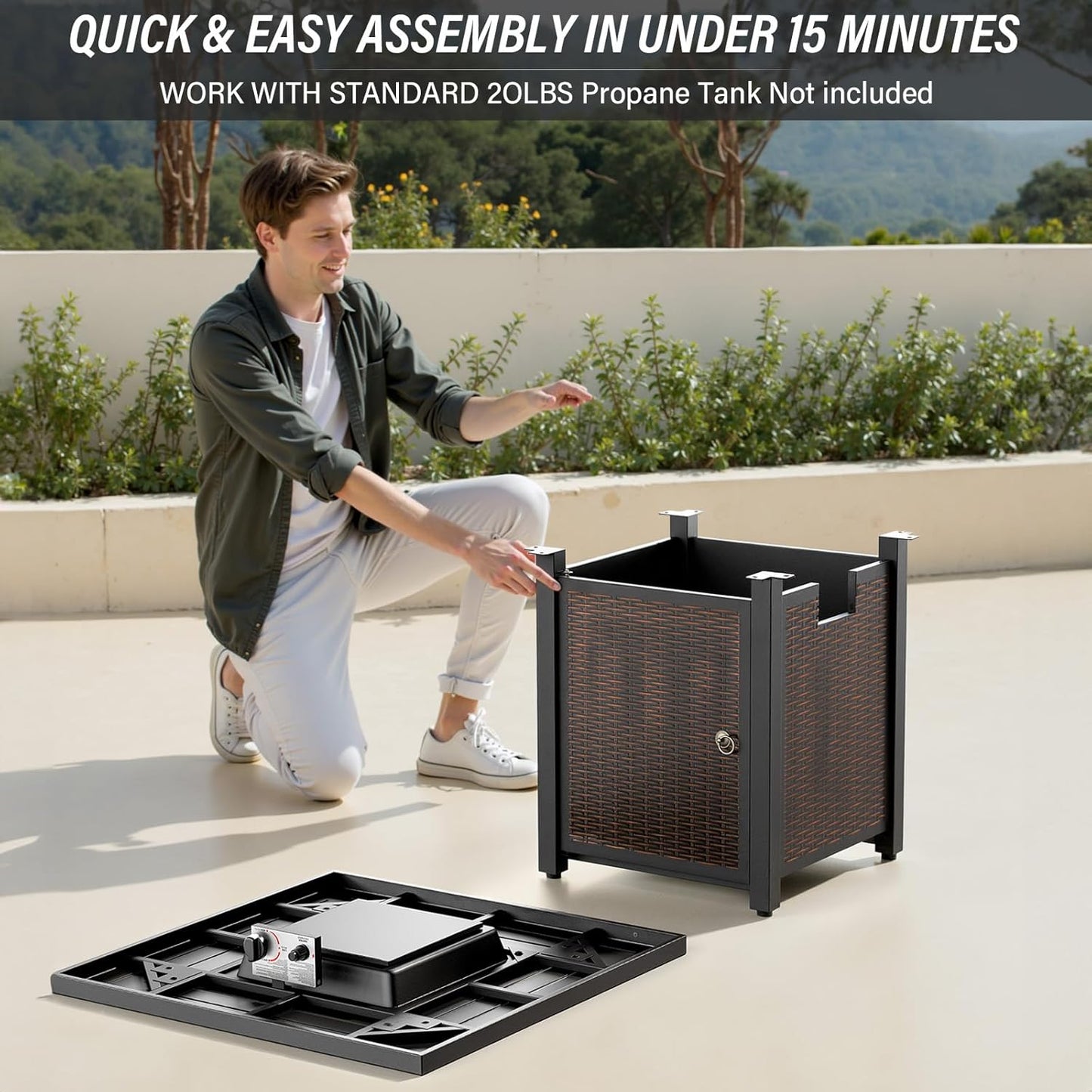 7-Piece Modern Brown Wicker Patio Conversation Set - 4 Swivel Glider Chairs, 2 Side Tables & 30" 50,000 BTU Propane Fire Pit Table