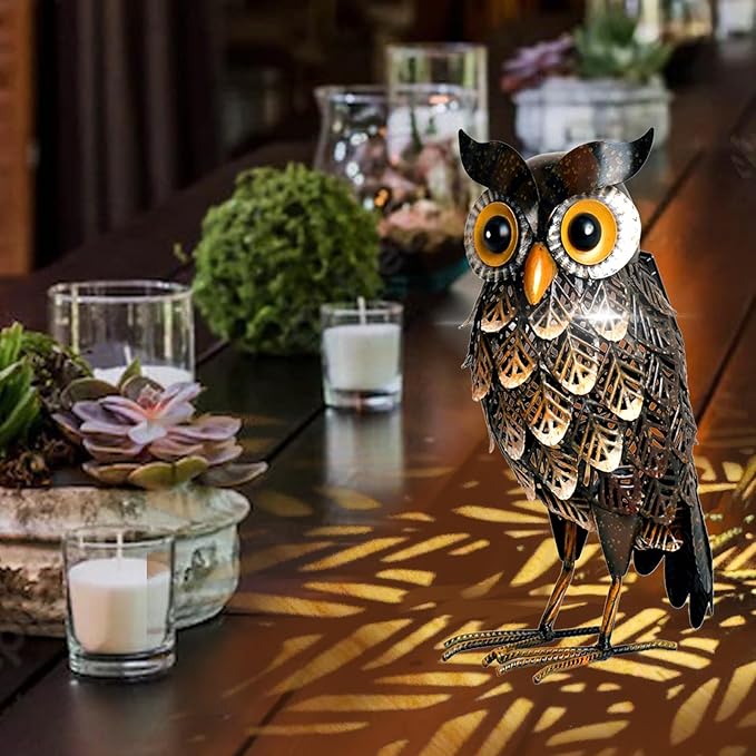 Shorayn Garden Statue Metal Owl Yard Art Outdoor Decor with Solar LED Lights for Patio Lawn Decoration Great Gifts