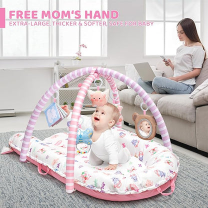 Pink Baby Play Mat, 7-in-1 Tummy Time Activity Gym Mat for Sensory and Motor Development, Washable Baby Lounger, Portable Newborn Nest for Home & Travel, Babies Gift for Infant 0-3-6-9-12-18 Months