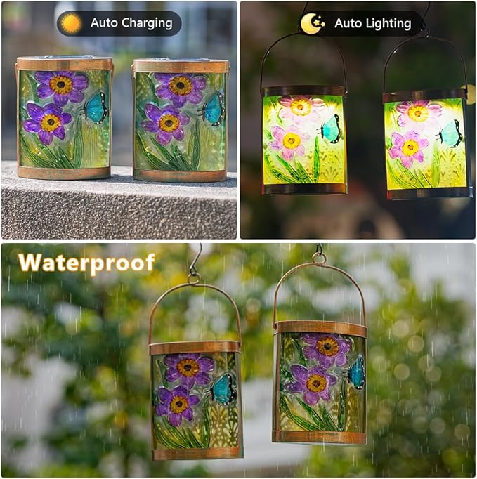 Starsoul 2 Pack Hanging Solar Lantern Outdoor Waterproof Glass Butterfly and Flowers Decorative Solar Lights for Outside Garden Yard Table Patio Decor