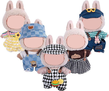 17cm Doll Clothes 5 Sets, Hat & Overalls Dress Up Outfit Compatible for Labubu 17cm 15cm Accessories, No Doll Included