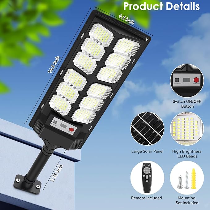 Solar Lights Outdoor Waterproof, 6500K 13000LM LED Dusk to Dawn Solar Street Light, Solar-Powered Flood Lights with Motion Sensor and Remote Control, Solares Parking Lot Light for Yard Walkway, 6-Pack