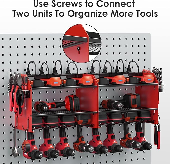 CCCEI Set Power Tool Organizer Wall Mount with Charging Station. Garage 8 Drills Storage Shelf with Hooks, Screwdriver, Drill Bit Heavy Duty Rack, Tool Battery Holder Built in 8 Outlet Power Strip.