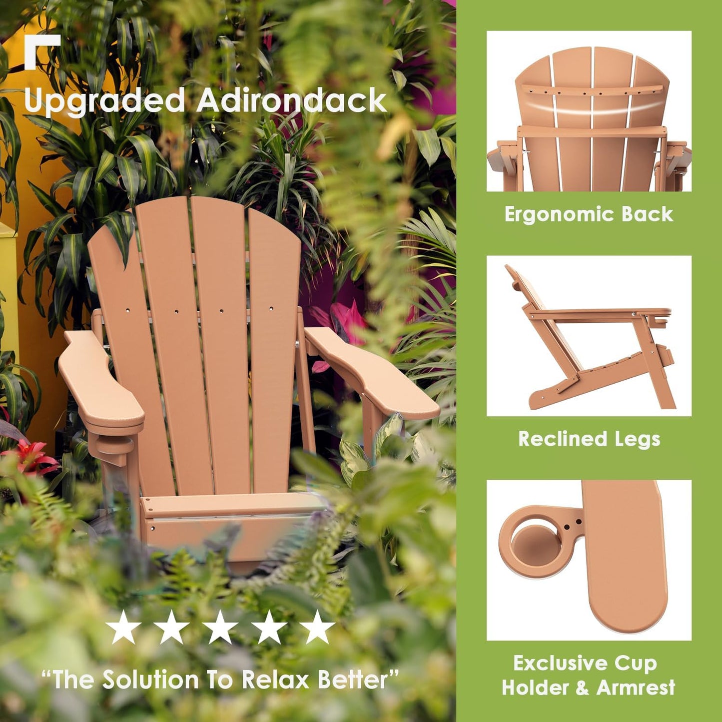 GREENVINES Folding-Adirondack-Chairs-Set-of-6 | HDPE Plastic | Fire Pit Chair | All Weather | Cup Holder | Teak | for Deck Backyard Patio Outdoor Garden